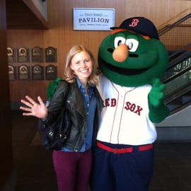 Anna Valle with the Red Sox Mascot, Wally the Green Monster