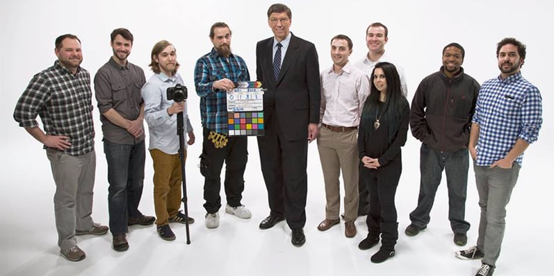 Clay Christensen filming in the HBX Studio with his Disruptive Strategy Team 