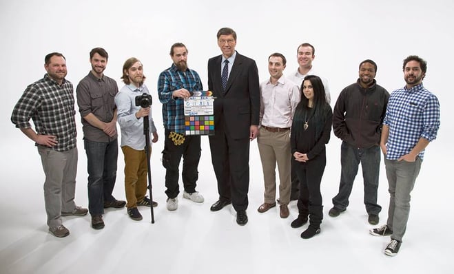 HBX Team poses with Clay Christensen at the end of his Disruptive Strategy studio shoot. Photo courtesy of Starpilot Productions LLC